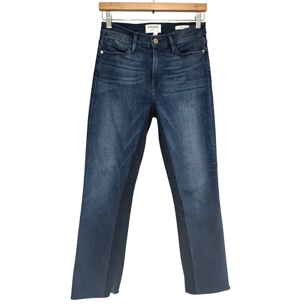 FRAME Denim Le High Straight Leg Crop Fray Jeans Womens 27 Dark Wash Colorblock